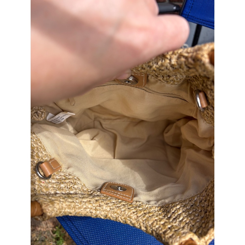 Vintage Floral Embroidered Straw Handbag Woven Wood Handle Boho Summer Tote Bag - Picture 5 of 5